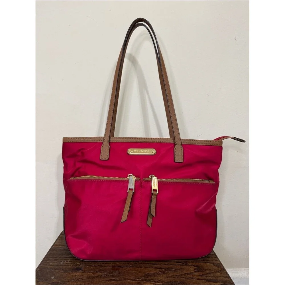 Michael Kors Kempton Nylon Tote Red Tan Leather Trim Travel Casual Contemporary